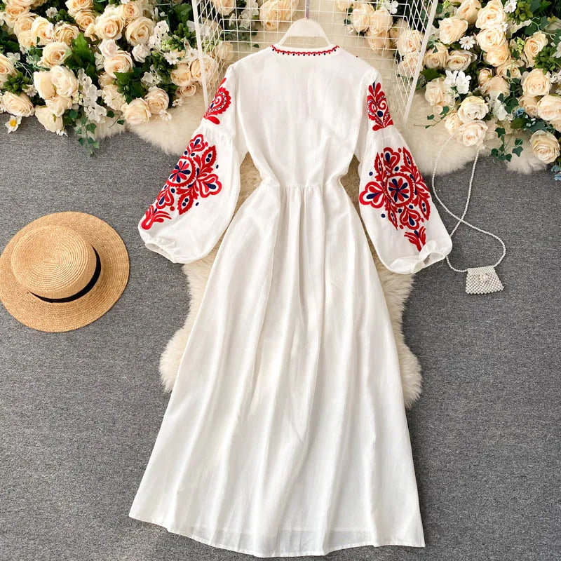 Women Autumn Dresses Bohemian Embroidered Flower O-Neck Lantern Sleeve High Waist Pleated Dress All-match Female Vestidos