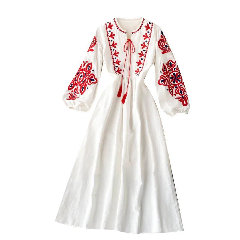 Women Autumn Dresses Bohemian Embroidered Flower O-Neck Lantern Sleeve High Waist Pleated Dress All-match Female Vestidos