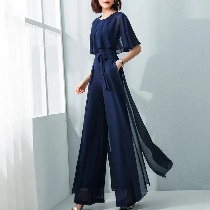 Lotus Leaf Sleeve Jumpsuit Women's Summer Long 2023 New Chiffon Jumpsuit Wide Leg Set Temperament Jumpsuit Female Bodysuit Blue