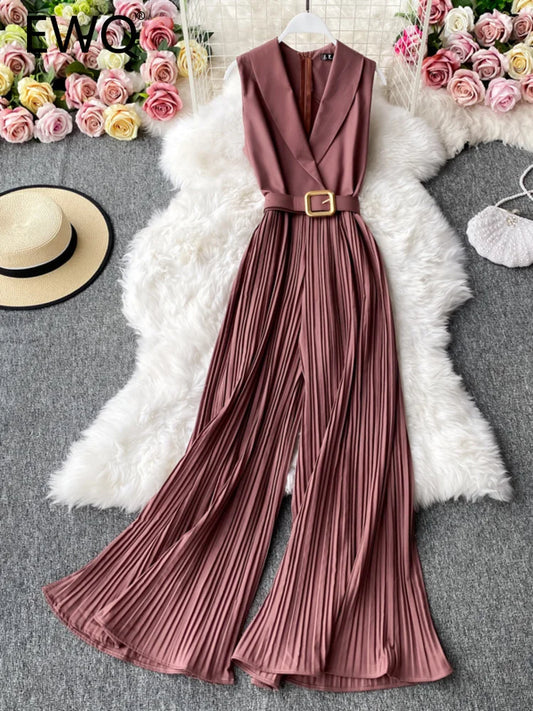 EWQ Sweet Women Jumpsuits Pleated High Waist Notched One-piece Fashion Flared Wide Leg Pants Spring Summer 2023 New SN0364