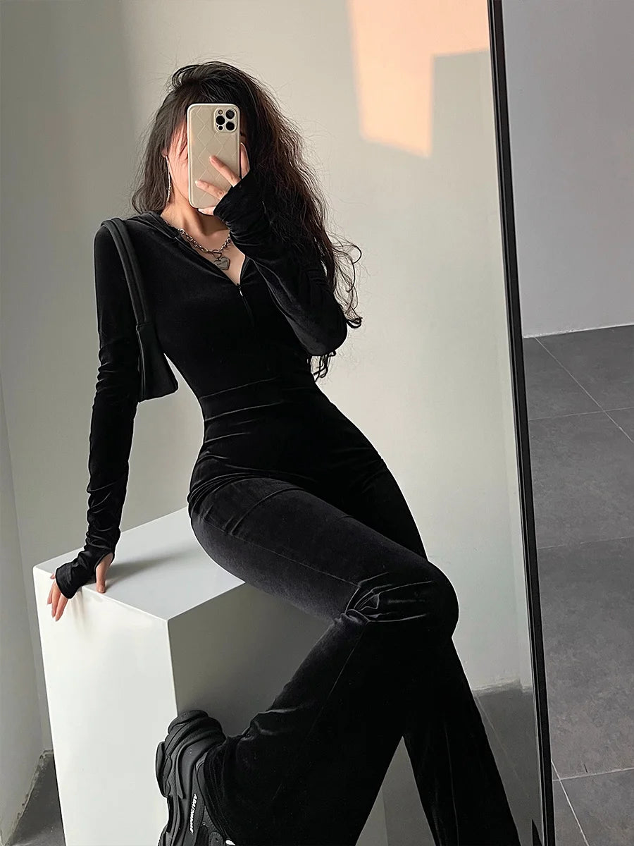 TVVOVVIN  Fashion Black Velvet Slim Hooded Zipper Long Sleeve Flare Pants Jumpsuit Rompers Korean Sexy Hot Tops 2023 9P64