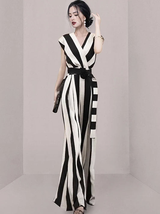 SMTHMA Summer New Female Fashion Clothes Sexy V-Neck Sleeveless Jumpsuits With Belt Women Slim Stripe Wide Leg Jumpsuit