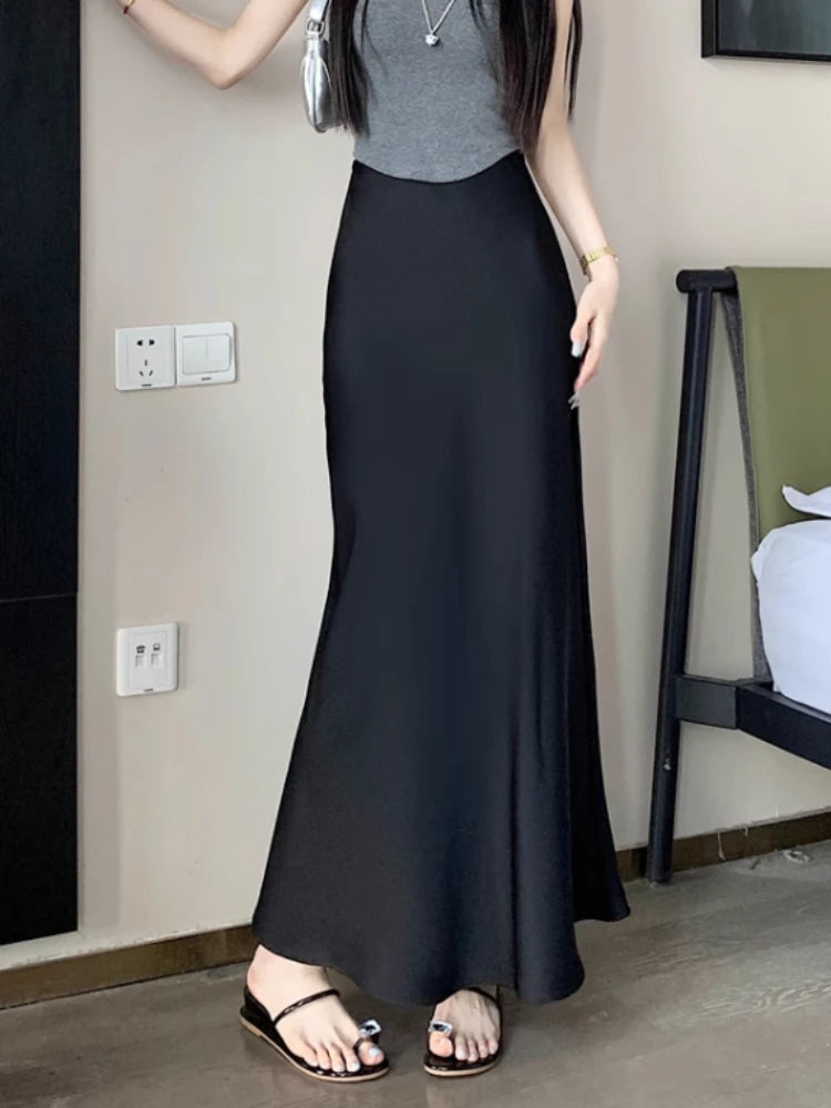 Summer Satin Skirt 2024 Women's Long Skirt Silk High Waisted Slim Fashion Korean Solid Champagne Black Midi Skirts for Women