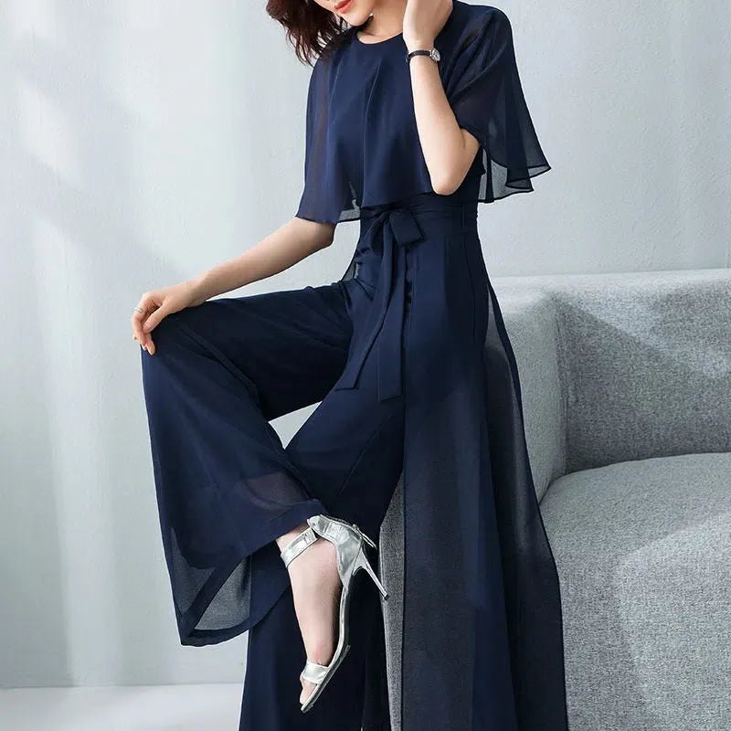 Lotus Leaf Sleeve Jumpsuit Women's Summer Long 2023 New Chiffon Jumpsuit Wide Leg Set Temperament Jumpsuit Female Bodysuit Blue