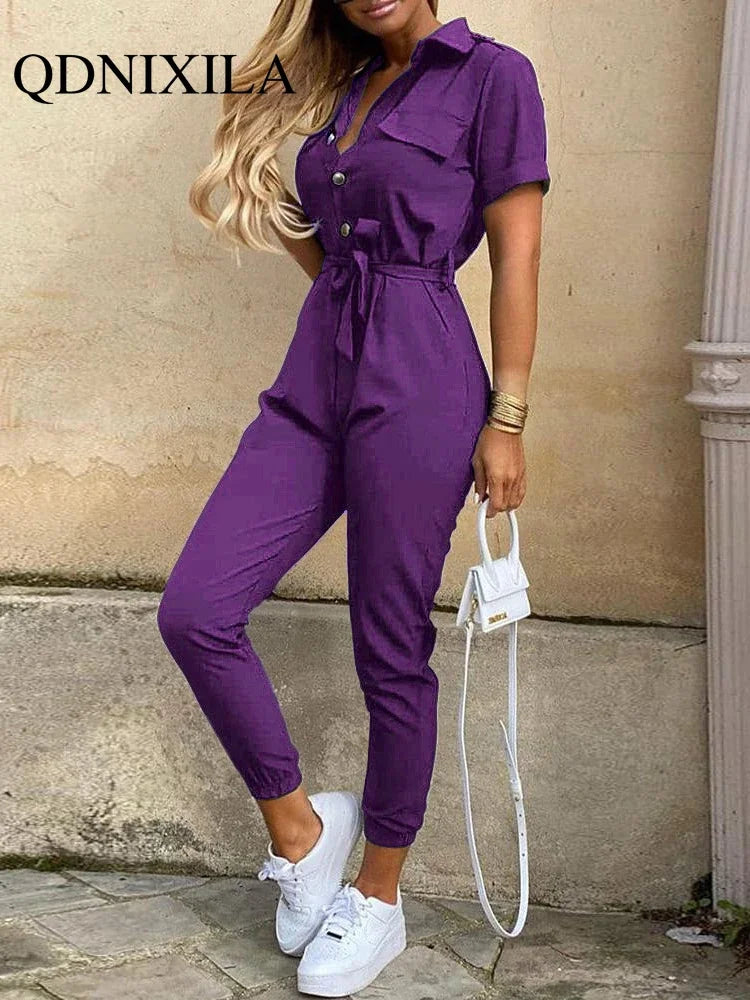 New Summer Jumpsuit Women Elegant Casual Lapel Buckle Printed Female Jumpsuit Woman Trousers Playsuit Overalls Bodysuit Romper