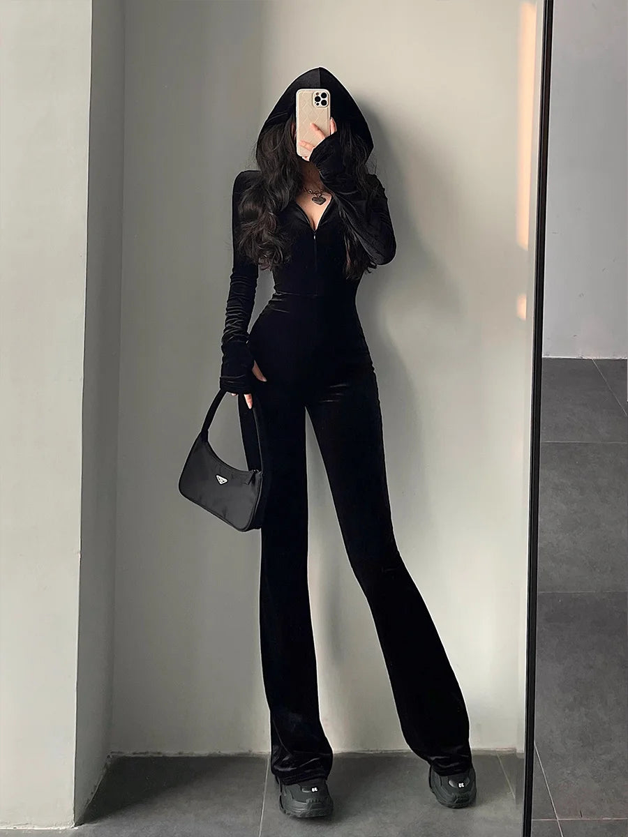 TVVOVVIN  Fashion Black Velvet Slim Hooded Zipper Long Sleeve Flare Pants Jumpsuit Rompers Korean Sexy Hot Tops 2023 9P64