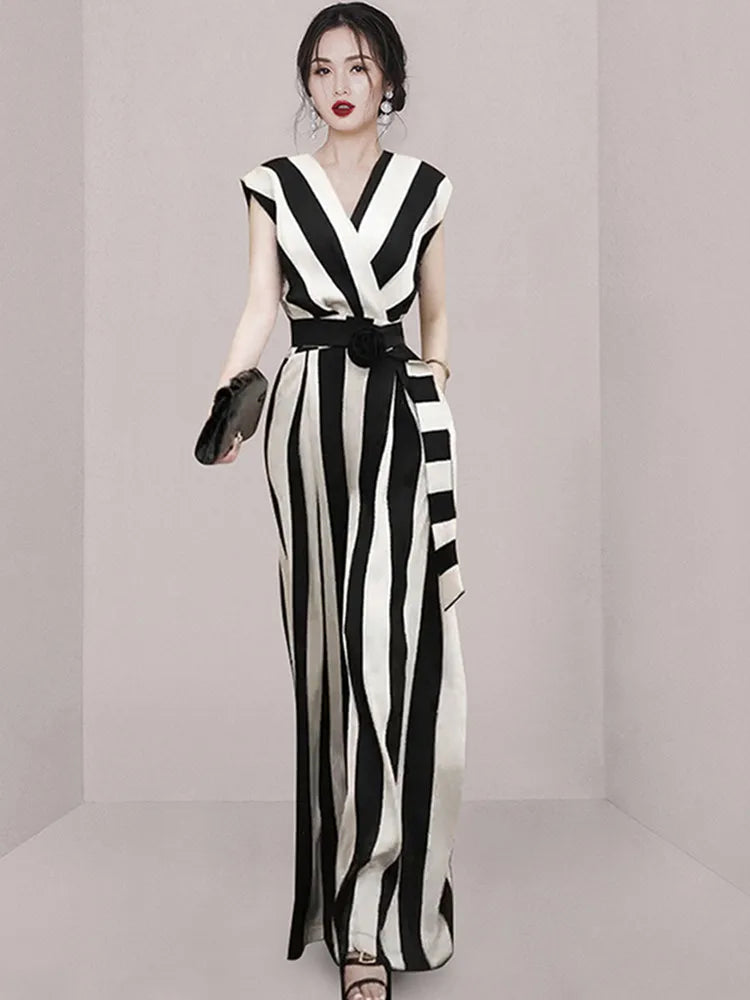 SMTHMA Summer New Female Fashion Clothes Sexy V-Neck Sleeveless Jumpsuits With Belt Women Slim Stripe Wide Leg Jumpsuit