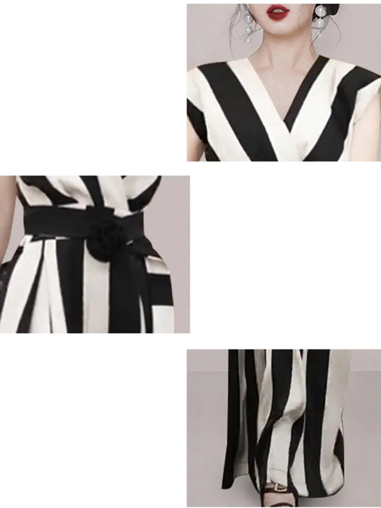 SMTHMA Summer New Female Fashion Clothes Sexy V-Neck Sleeveless Jumpsuits With Belt Women Slim Stripe Wide Leg Jumpsuit