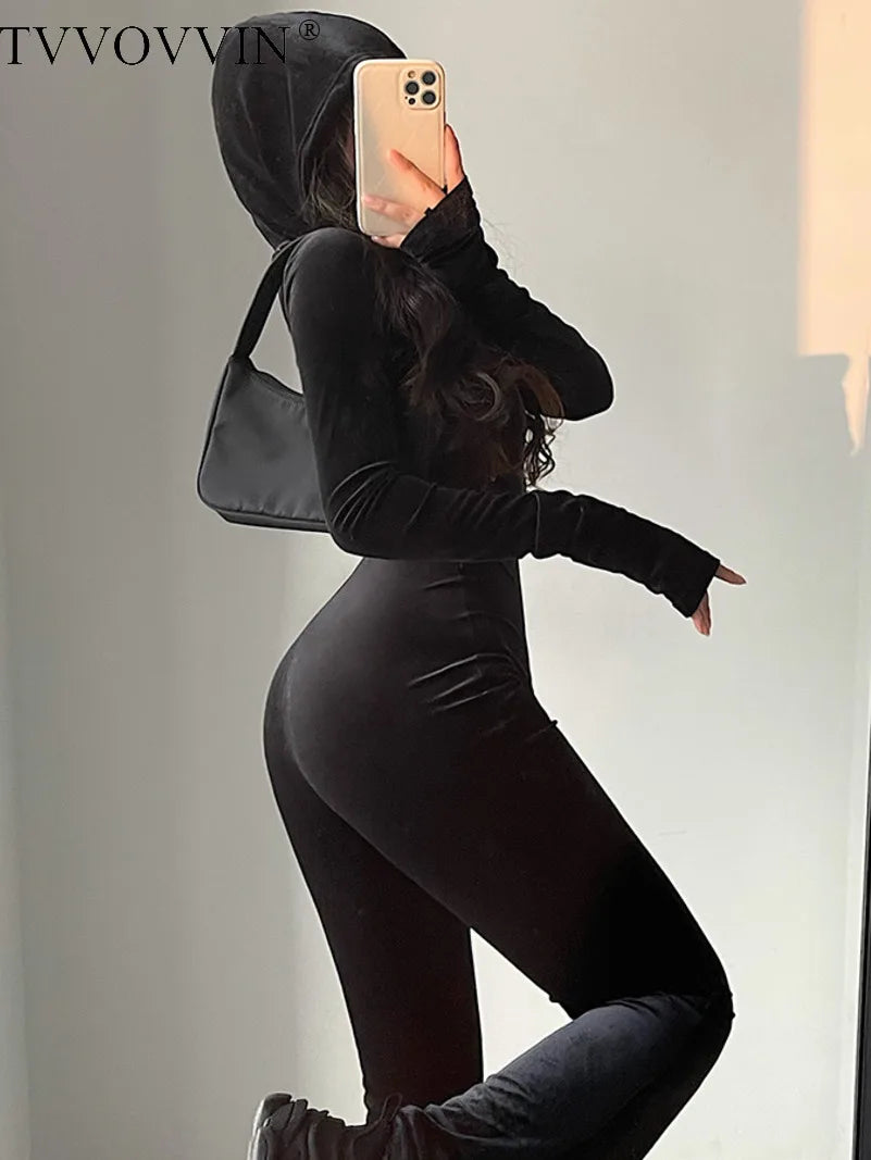 TVVOVVIN  Fashion Black Velvet Slim Hooded Zipper Long Sleeve Flare Pants Jumpsuit Rompers Korean Sexy Hot Tops 2023 9P64