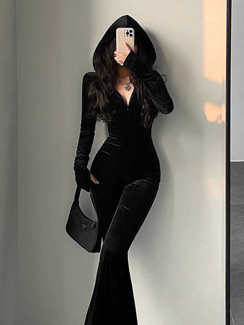 TVVOVVIN  Fashion Black Velvet Slim Hooded Zipper Long Sleeve Flare Pants Jumpsuit Rompers Korean Sexy Hot Tops 2023 9P64