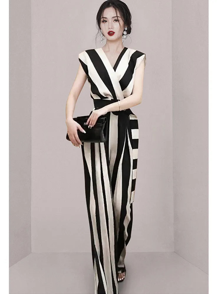 SMTHMA Summer New Female Fashion Clothes Sexy V-Neck Sleeveless Jumpsuits With Belt Women Slim Stripe Wide Leg Jumpsuit