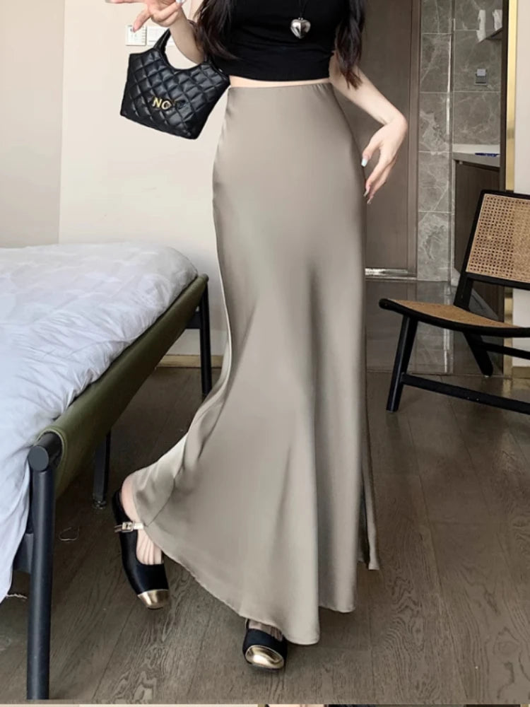 Summer Satin Skirt 2024 Women's Long Skirt Silk High Waisted Slim Fashion Korean Solid Champagne Black Midi Skirts for Women