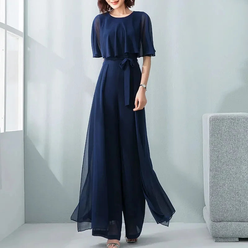 Lotus Leaf Sleeve Jumpsuit Women's Summer Long 2023 New Chiffon Jumpsuit Wide Leg Set Temperament Jumpsuit Female Bodysuit Blue