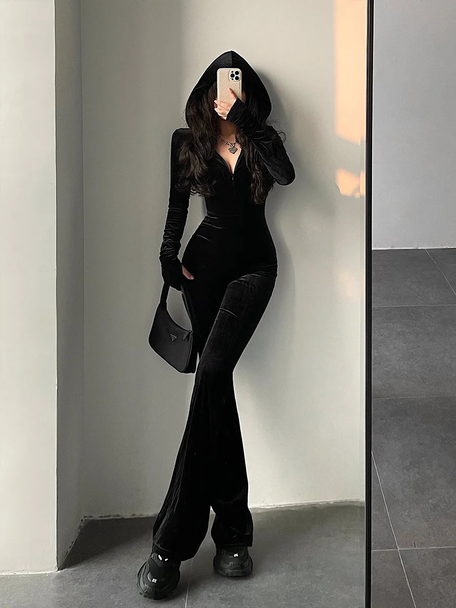 TVVOVVIN  Fashion Black Velvet Slim Hooded Zipper Long Sleeve Flare Pants Jumpsuit Rompers Korean Sexy Hot Tops 2023 9P64