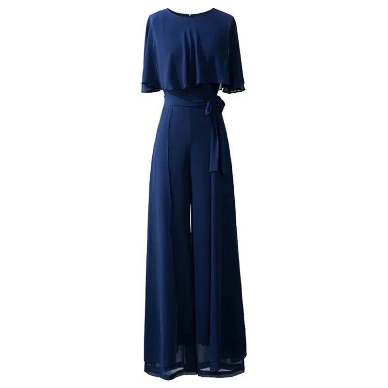 Lotus Leaf Sleeve Jumpsuit Women's Summer Long 2023 New Chiffon Jumpsuit Wide Leg Set Temperament Jumpsuit Female Bodysuit Blue